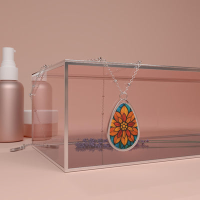 Autumn Floral Stained Glass Teardrop Necklace